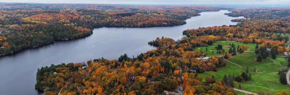 Aerial view of a lake winding through orange and red fall forest, with a green golf course on the right